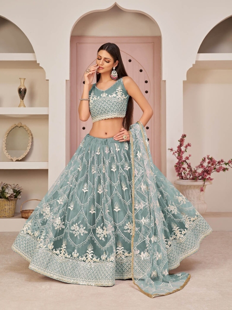 

ODETTE Teal & White Embroidered Semi-Stitched Cotton Lehenga & Blouse With Dupatta