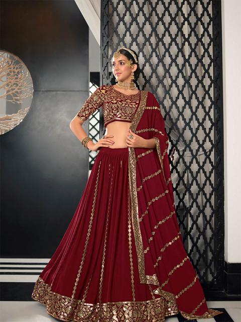 

ODETTE Maroon & Gold-Toned Embroidered Semi-Stitched Lehenga & Unstitched Blouse With Dupatta