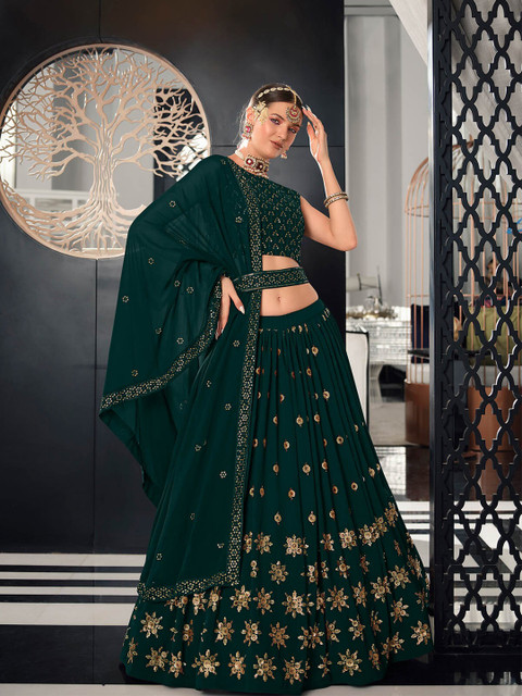 

ODETTE Green & Gold-Toned Embellished Thread Work Semi-Stitched Lehenga & Unstitched Blouse With Dupatta