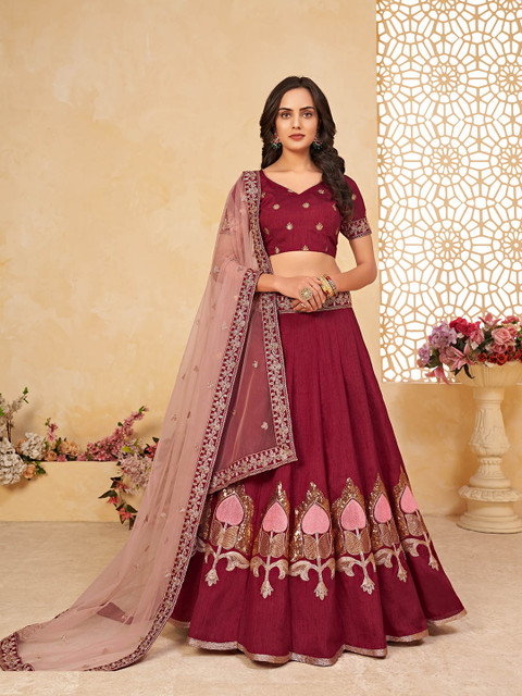 

ODETTE Maroon & Peach-Coloured Embroidered Semi-Stitched Lehenga & Unstitched Blouse With Dupatta
