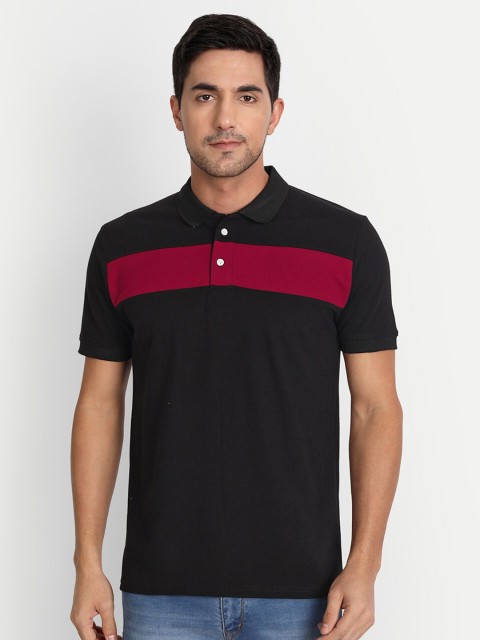 

DEZANO Men Black & Red Cotton Polo Collar Slim Fit T-shirt
