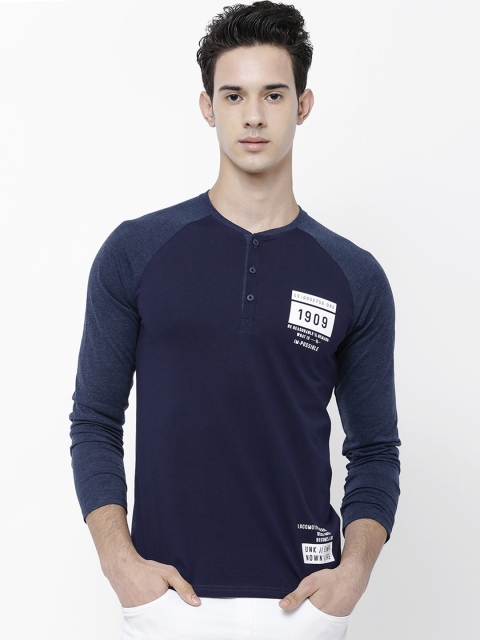 

LOCOMOTIVE Men Blue Printed Henley Neck Slim Fit T-shirt