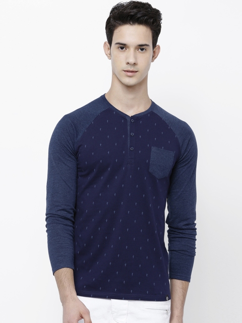 

LOCOMOTIVE Men Blue Printed Henley Neck Slim Fit T-shirt