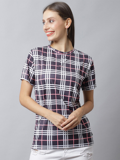 

Rodzen Women Navy Blue Checked T-shirt
