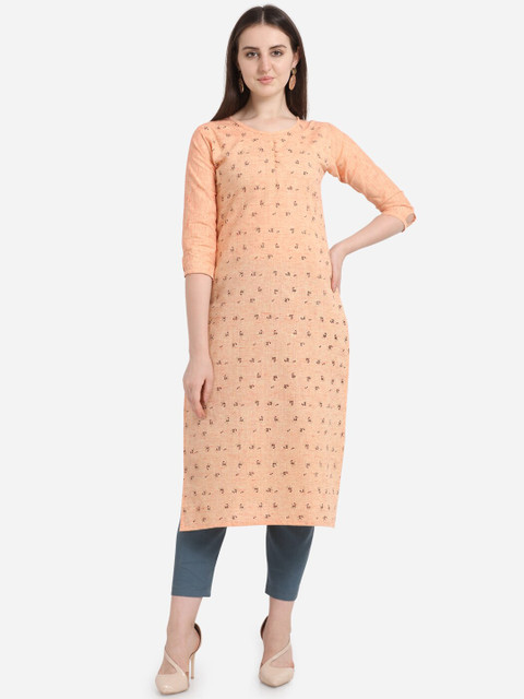 

Hinayat Fashion Women Peach-Coloured Floral Printed Cotton Kurta