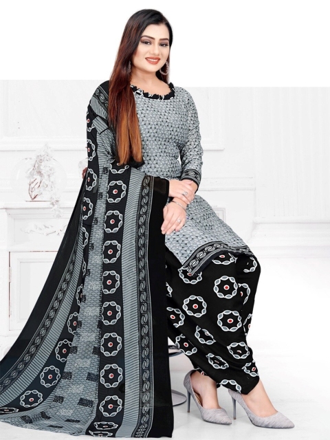

INDIAN HERITAGE Grey & Black Printed Silk Crepe Unstitched Dress Material