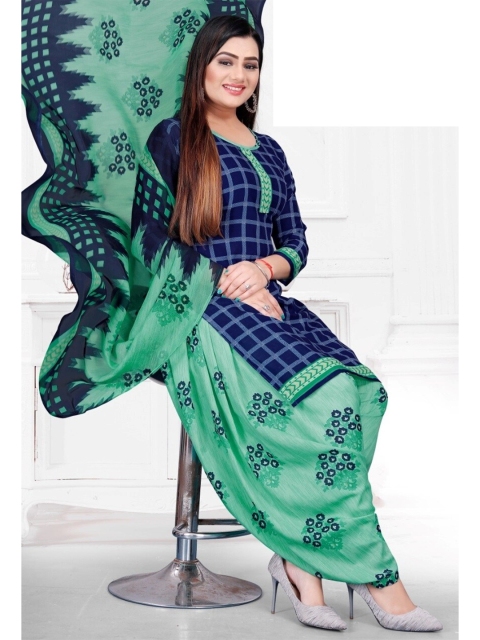 

INDIAN HERITAGE Blue & Green Printed Silk Crepe Unstitched Dress Material