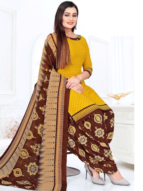 

INDIAN HERITAGE Yellow & Brown Printed Silk Crepe Unstitched Dress Material