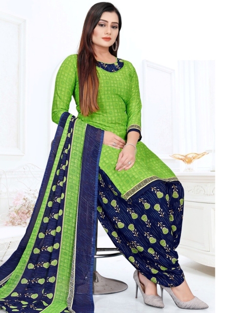 

INDIAN HERITAGE Green & Blue Printed Silk Crepe Unstitched Dress Material