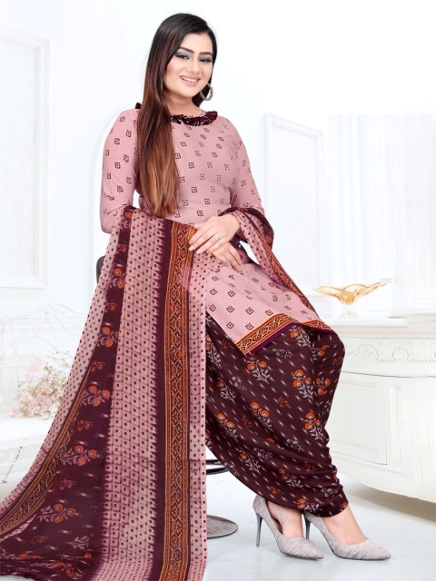 

INDIAN HERITAGE Purple & Brown Printed Silk Crepe Unstitched Dress Material