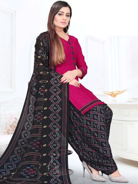 

INDIAN HERITAGE Pink & Black Printed Silk Crepe Unstitched Dress Material