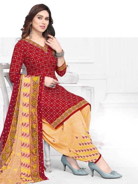

INDIAN HERITAGE Red & Yellow Printed Silk Crepe Unstitched Dress Material