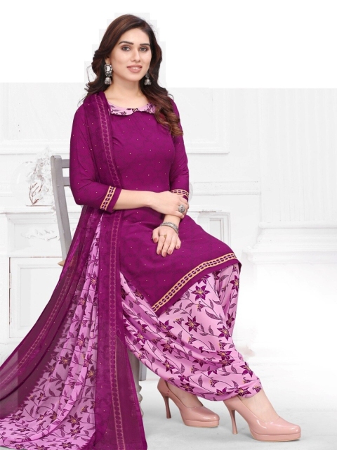 

INDIAN HERITAGE Purple & Beige Printed Silk Crepe Unstitched Dress Material