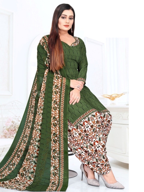 

INDIAN HERITAGE Green & Cream-Coloured Printed Silk Crepe Unstitched Dress Material