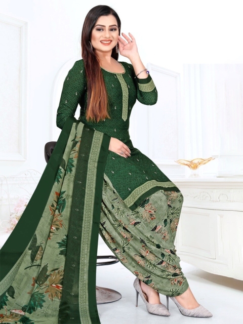 

INDIAN HERITAGE Green & Grey Printed Silk Crepe Unstitched Dress Material