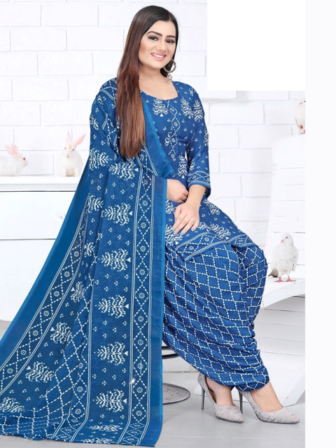 

INDIAN HERITAGE Blue & White Printed Silk Crepe Unstitched Dress Material