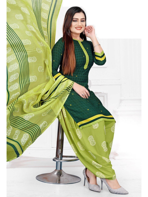 

INDIAN HERITAGE Green & White Printed Silk Crepe Unstitched Dress Material