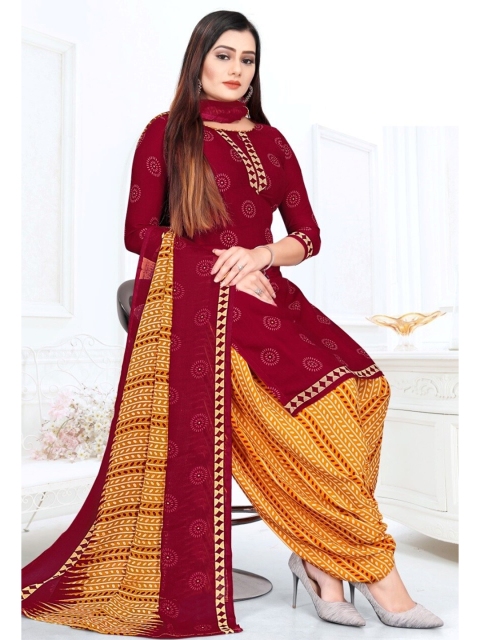

INDIAN HERITAGE Maroon & Orange Printed Silk Crepe Unstitched Dress Material