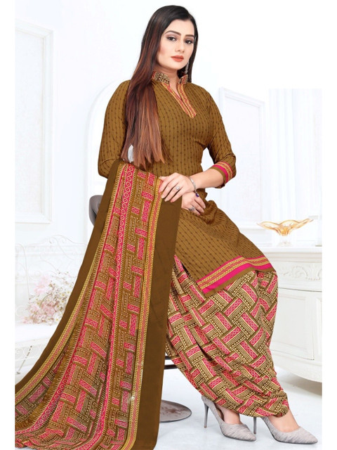 

INDIAN HERITAGE Khaki & Pink Printed Silk Crepe Unstitched Dress Material
