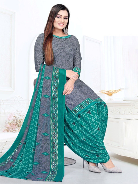 

INDIAN HERITAGE Women Grey & Green Printed Silk Crepe Unstitched Dress Material