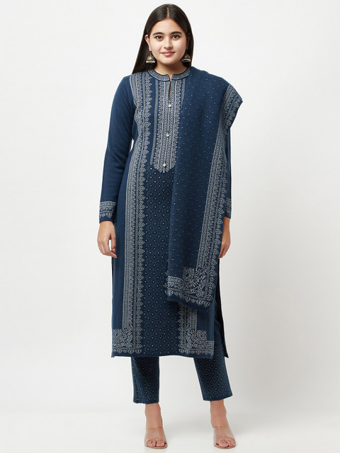 

Knitstudio Women Teal Ethnic Motifs Kurti with Trousers & With Dupatta