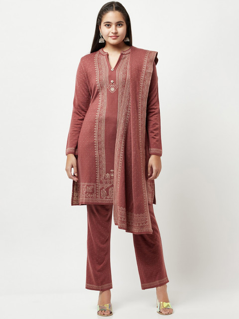

Knitstudio Women Purple Paisley Kurti with Trousers & With Dupatta