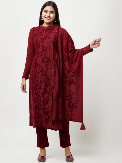 

Knitstudio Women Maroon Self Design Straight Kurta with Trousers & With Dupatta