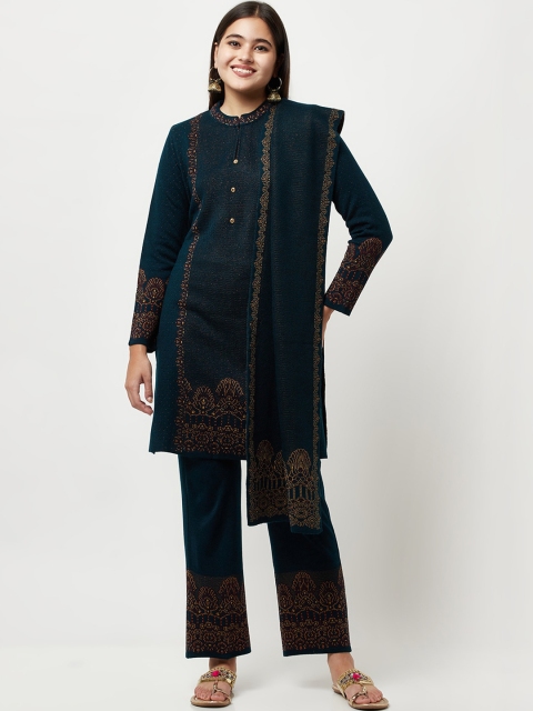 

Knitstudio Women Teal Floral Kurti with Trousers & Dupatta