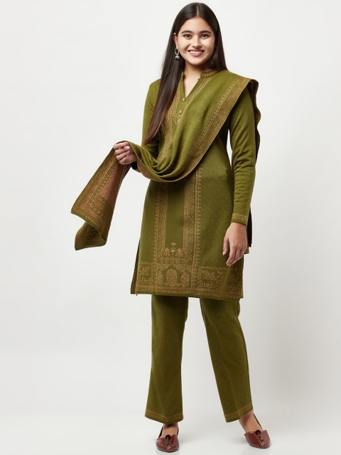 

Knitstudio Women Olive Green Ethnic Motifs Kurta with Trousers & With Dupatta