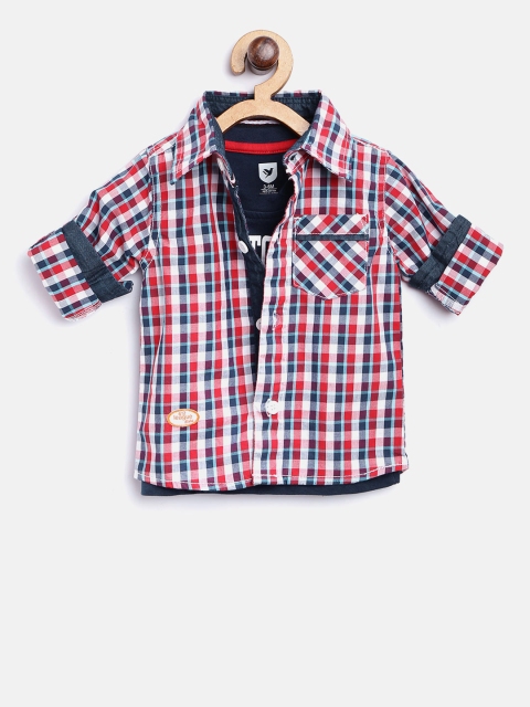 

612 league Boys Red & Navy Cotton Checked Shirt with Printed T-shirt