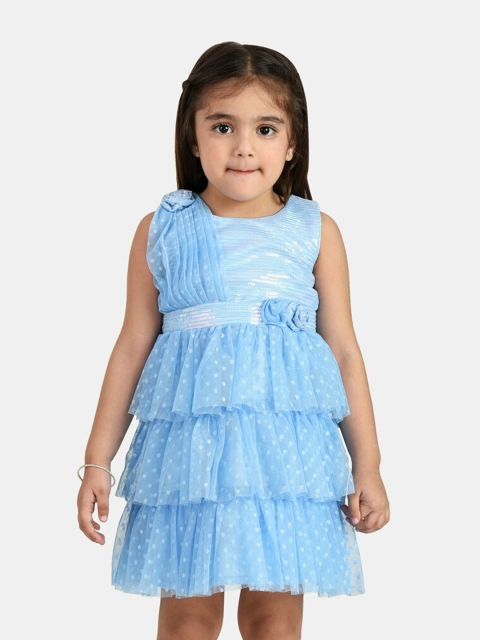

Peppermint Girls Blue Printed Layered Net Dress
