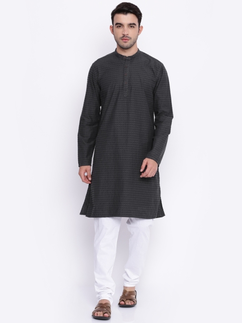 

British Club Men Charcoal Grey Woven Design Straight Kurta