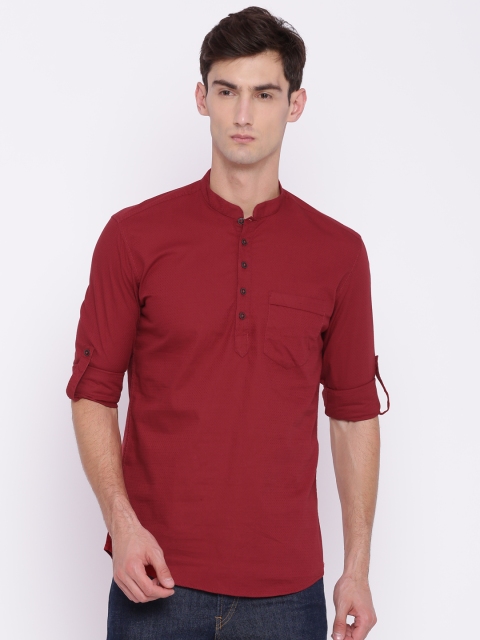 

British Club Men Red Woven Design Straight Kurta