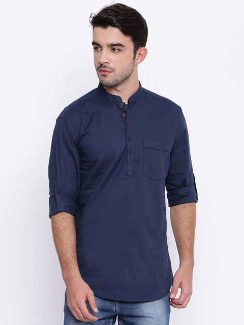 

British Club Men Navy Blue Woven Design Straight Kurta