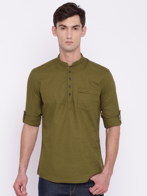 

British Club Men Olive Green Woven Design Straight Kurta