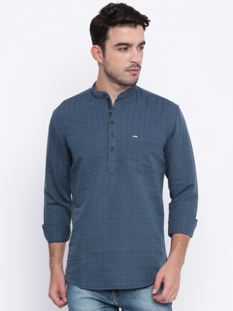 

British Club Men Navy Blue Checked Straight Kurta