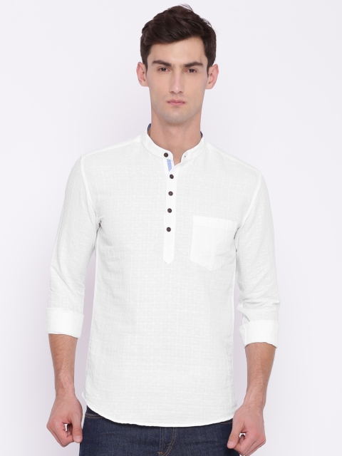 

British Club Men White Woven Design Straight Kurta