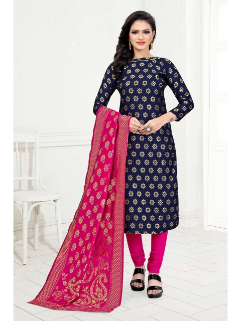 

MORLY Blue & Pink Dupion Silk Unstitched Dress Material