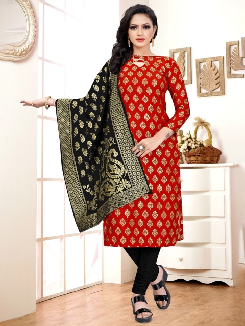 

MORLY Red & Gold-Toned Dupion Silk Unstitched Dress Material