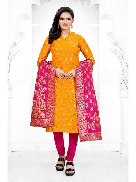 

MORLY Yellow & Pink Dupion Silk Unstitched Dress Material