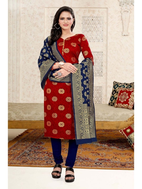 

MORLY Red & Navy Blue Dupion Silk Unstitched Dress Material