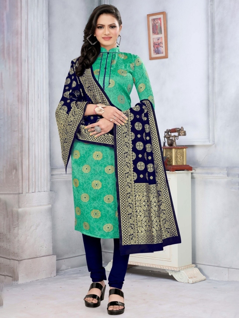 

MORLY Sea Green & Navy Blue Dupion Silk Unstitched Dress Material