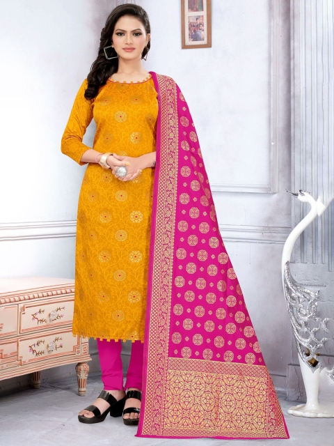 

MORLY Yellow & Pink Dupion Silk Unstitched Dress Material