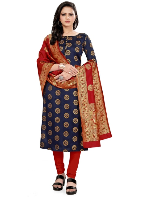 

MORLY Blue & Red Woven design Dupion Silk Unstitched Dress Material