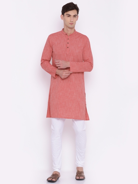 

British Club Men Coral Red & White Solid Kurta with Churidar