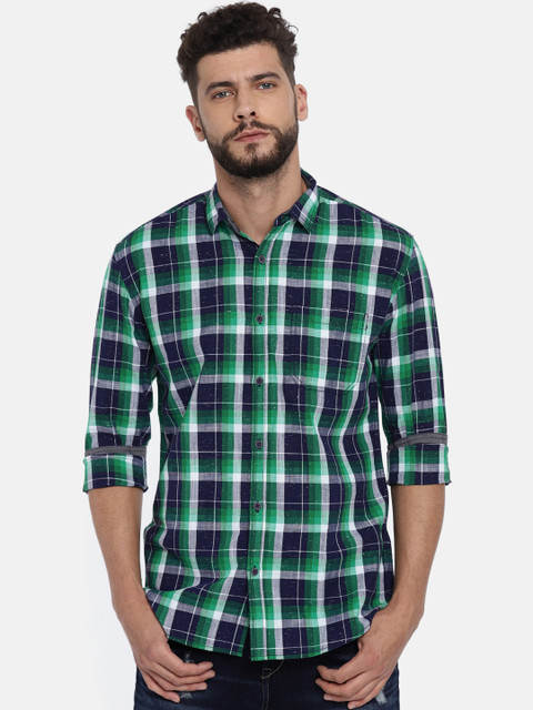 

Nature Casuals Men Navy & Green Slim Fit Checked Casual Shirt, Navy blue
