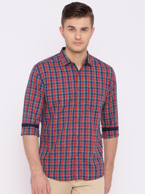 

British Club Men Red & Navy Slim Fit Checked Casual Shirt