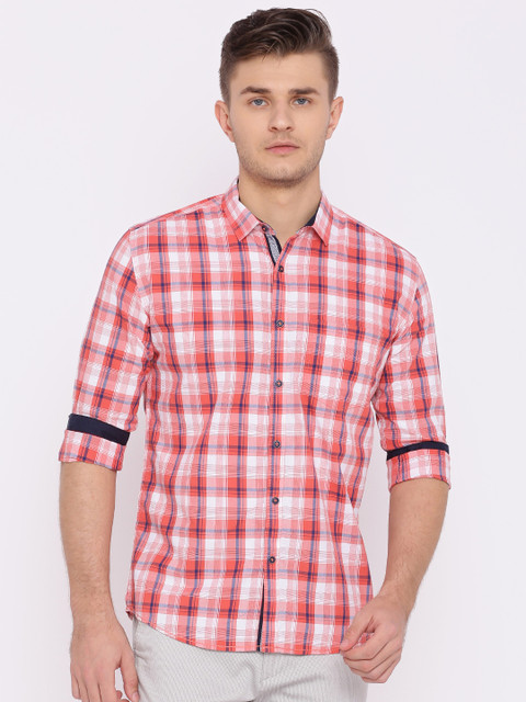 

British Club Men Orange & White Slim Fit Checked Casual Shirt
