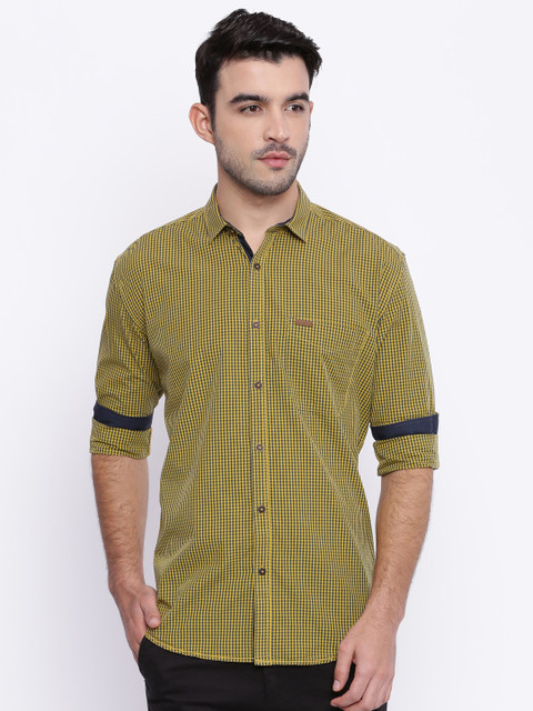 

British Club Men Mustard Yellow & Navy Blue Slim Fit Checked Casual Shirt