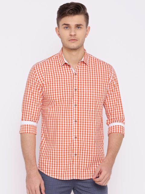 

British Club Men Orange & White Slim Fit Checked Casual Shirt